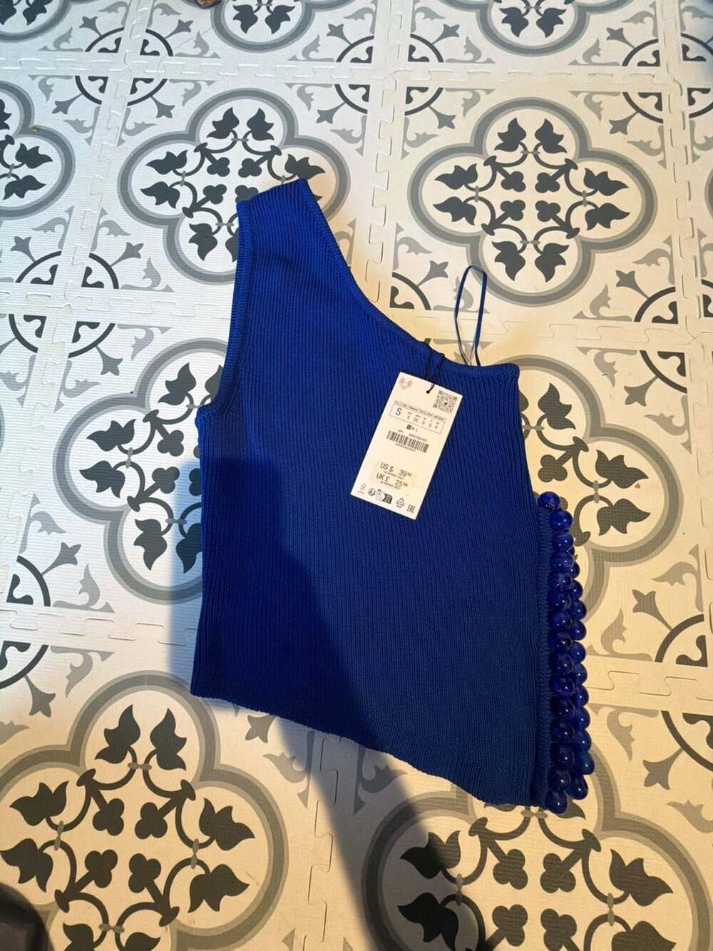 Zara One Shoulder Beaded Knit Top Size S Blue